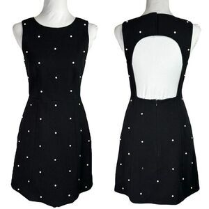 Tibi Black Ivory Beaded Mini Dress Size 4 Cutout Back Polka Dot Retro Sleeveless